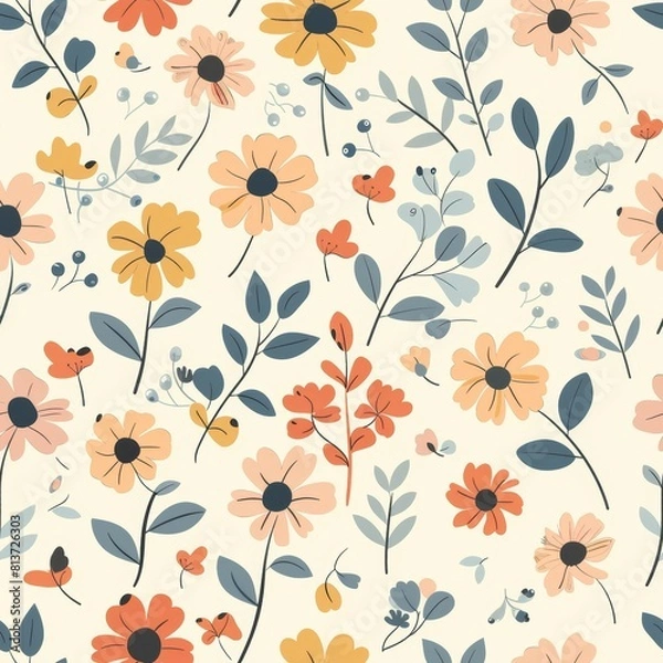 Fototapeta Seamless pattern with cute pastel flowers. Wild flowers in the meadow, pattern for bed linen, fabric.
