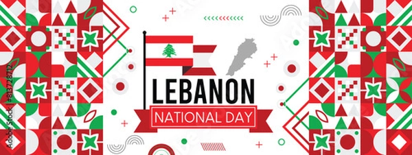 Fototapeta Lebanon national day banner with map, flag colors theme background and geometric abstract retro modern colorfull design