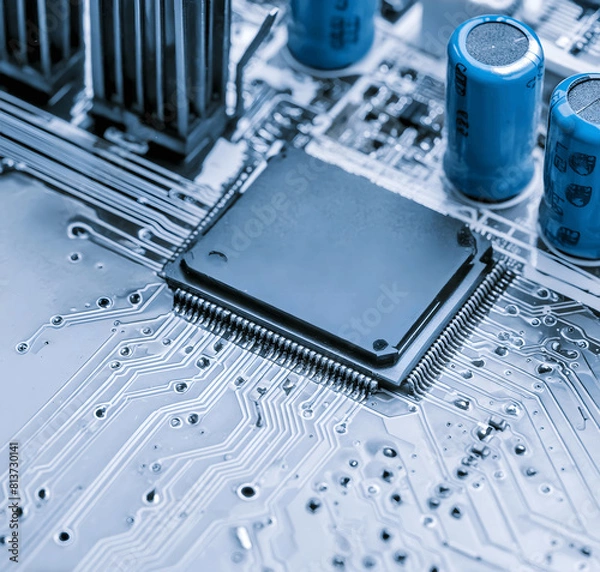 Fototapeta Panoramic View of Technology Chips on a Computer Motherboard: Intricate Printed Circuit Board Design. Crafting with AI Tools