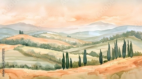 Obraz Serene Tuscany Countryside with Cypress Trees and Rolling Hills at Dawn