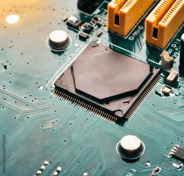 Fototapeta Panoramic View of Technology Chips on a Computer Motherboard: Intricate Printed Circuit Board Design. Crafting with AI Tools