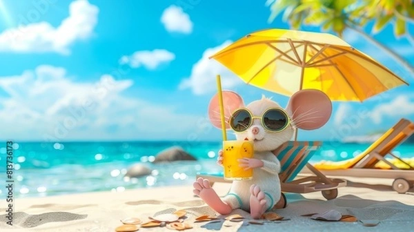 Fototapeta Mouse in summer attire sips cocktail on lavish cruise ship for a relaxing experience