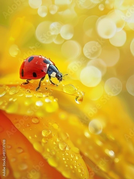 Fototapeta Ladybug Perched on a Yellow Flower Petal with Glistening Water Drops Bokeh Background