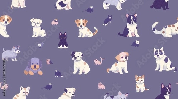 Obraz Pixel art seamless pattern with Puppies and Kittens.