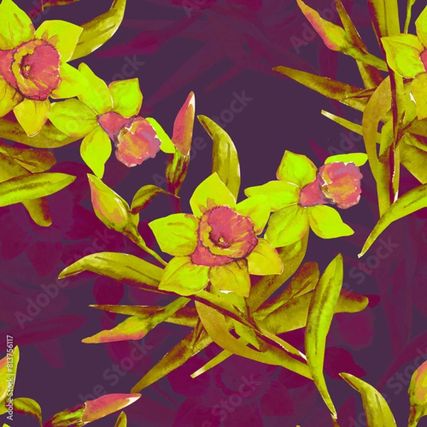 Fototapeta Watercolor illustration of a bouquet of irises. Seamless pattern.