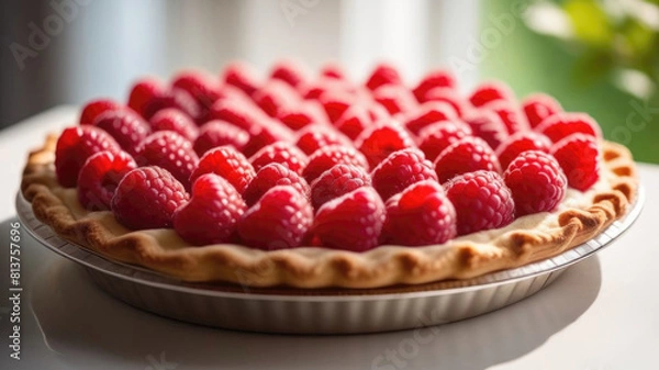 Fototapeta Food photography of raspberry pie decorated with powdered sugar on white plate white table, homemade vitamin cake with fresh berries, close-up, soft focus