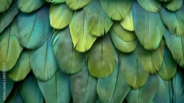 Fototapeta   A zoomed-in photo of vibrant green and yellow bird feathers, comparable in size to the bird's head