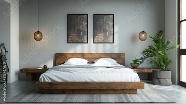 Fototapeta The description for the image is:..A bedroom with a large wooden bed, two bedside tables, and a plant in the corner