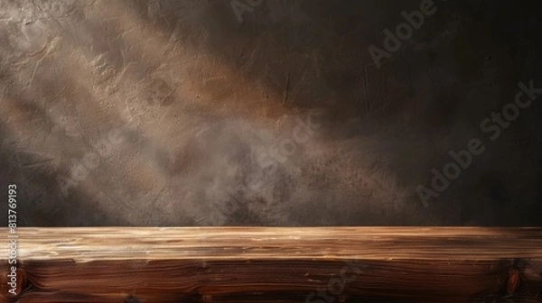 Fototapeta Wood countertop in the kitchen. Empty wooden table for product against dark concrete wall background. 3D brown podium for advertising. Mockup with design platform.
