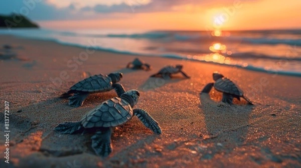 Fototapeta Baby sea turtles journey to the ocean at sunset, symbolizing new beginnings and survival, AI Generative.