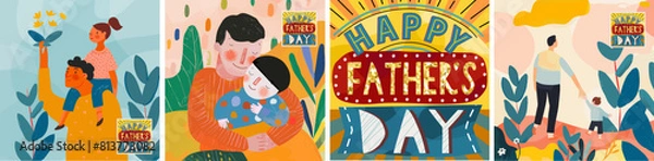 Obraz Happy Father's Day. Vector cute stylized abstract illustration of dad and child sitting on shoulders, portrait, walking family in nature, logo for greeting card, poster or flyer