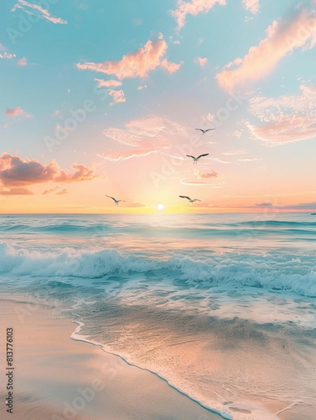 Fototapeta Tranquil beach scene at sunrise with soft waves, sandy shore, and flying birds under a pastel sky.