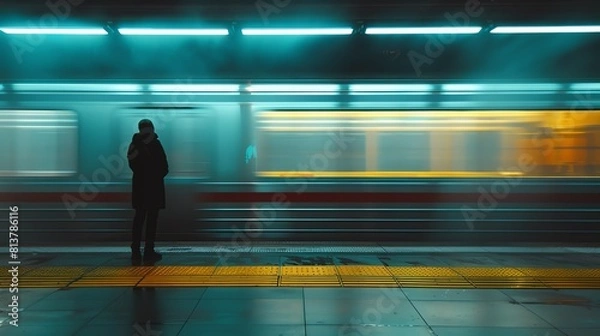 Fototapeta Lone commuter standing still on a subway platform, deep in thought while the city races by, waiting for the high-speed train