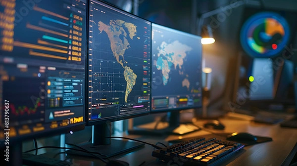 Fototapeta Meteorologist’s Desk Featuring Monitor Screens Showing Data and World Map
