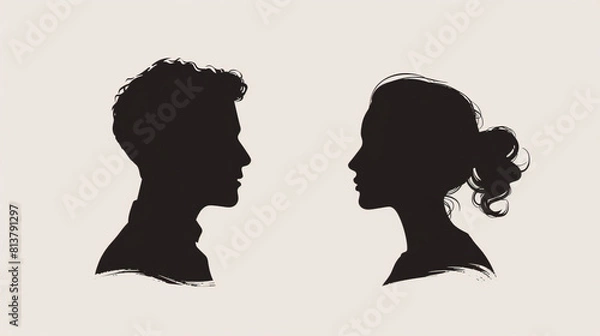 Fototapeta Male and female head icon silhouette avatars for profiles and logos - Modern vector design of man and woman faces in black and white for diverse identity concepts and team visuals. 