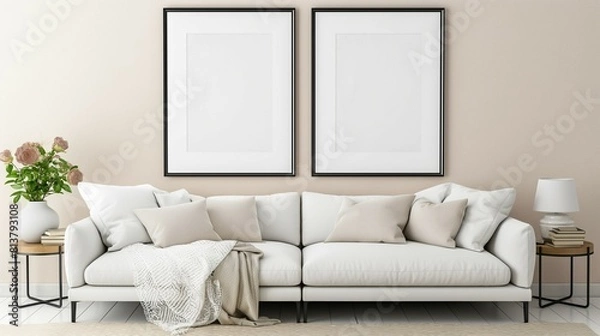 Fototapeta Black border frame mockup, home living room interior with white sofa, 3D render