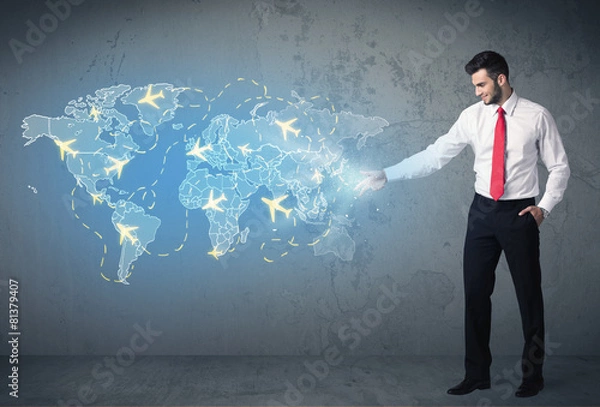 Fototapeta Business person showing digital map with planes around the world