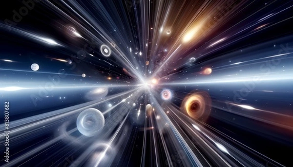 Fototapeta A cosmic burst with speeding light streaks emanating from a bright center, surrounded by multiple planets and swirling galaxies in a dark universe.