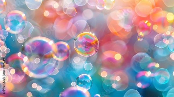 Obraz Colorful background with bubbles floating in the air, bright colors, light and shadow effects. Delicate textures of soap bubbles
