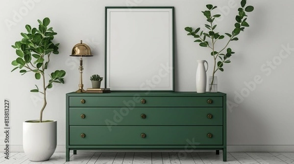 Obraz Frame mockup, home room interior with green console chest of drawers, wall poster frame, 3D render