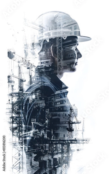 Fototapeta Engineering Vision: Worker and Technical Overlay