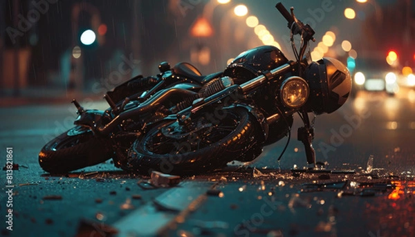 Fototapeta A motorcycle is laying on the road with a broken front wheel by AI generated image