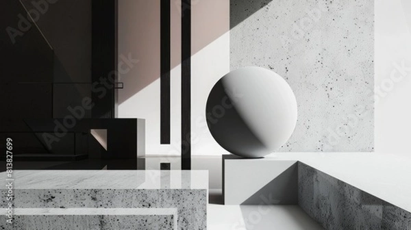 Fototapeta A monochromatic study of light and shadow with geometric forms, featuring a sphere, lines, and angles in a minimalist setting.