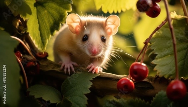 Obraz Edible Dormouse perched on a branch, surrounded by ripe berries
