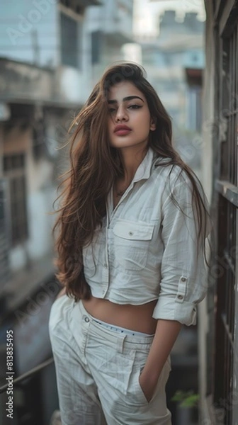 Obraz Trendy Pakistani Model in Minimalist City Setting, Trendy, Pakistani model, minimalist city, background