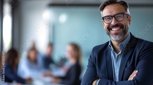 Obraz Smiling CEO at Networking Event in Blurred Social, Smiling CEO, networking event, blurred social.