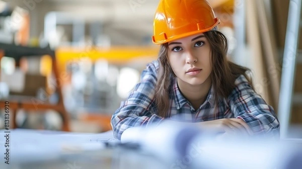 Obraz Female Engineer Portrait with Blueprints, Female engineer, portrait, blueprints