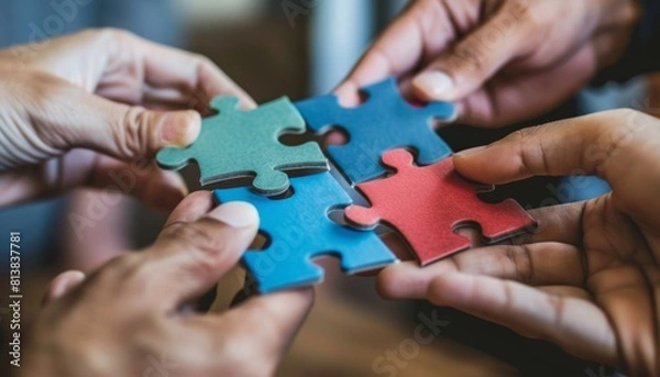 Fototapeta Hands Connecting Colorful Puzzle Pieces.