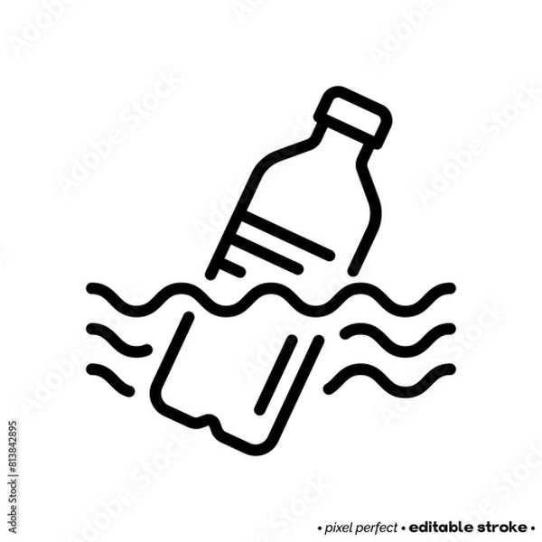 Fototapeta Ocean pollution, plastic bottle in the ocean thin line icon. Garbage in the water. Editable stroke. Vector illustration.