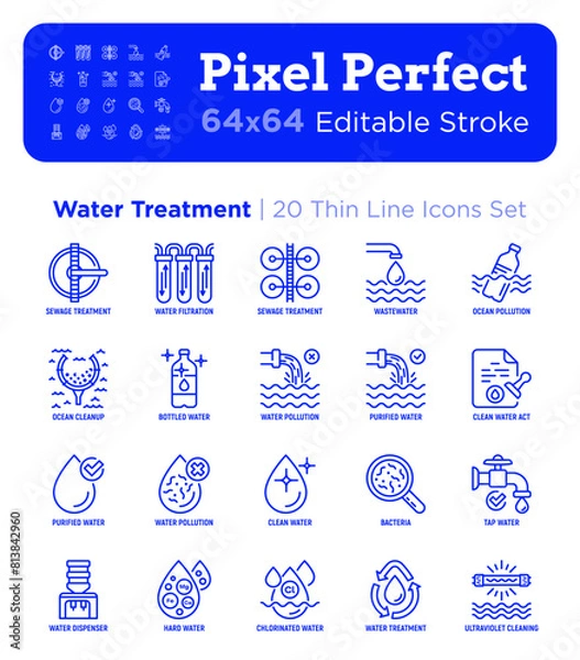 Obraz Water treatment thin line icons set: sewage treatment, water filtration, wastewater, ocean pollution, cleanup, clean water act, chlorinated, ultraviolet cleaning. Editable stroke. Vector illustration.