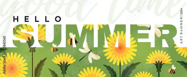 Fototapeta Hello summer. Banner with dandelions. Bright yellow dandelions,cute bees and a dragonfly. Summer illustration for banner, poster, advertising or flyer.