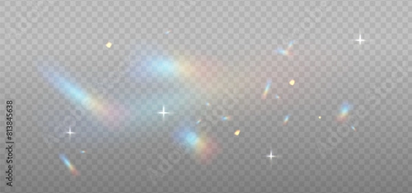 Fototapeta Rainbow reflection light prism effect on light background. Hologram glass dispersion, crystal flare leak shadow overlay. Vector illustration