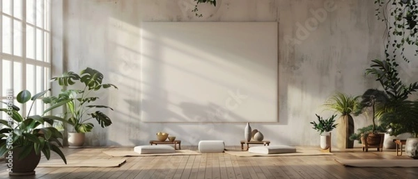 Obraz Blank inspirational poster mockup on a peaceful yoga studio wall, surrounded by meditation props and plants, ideal for mindfulness themes.