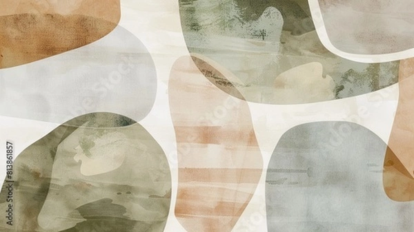 Fototapeta Watercolor abstract shapes in sage green and brown, with a simple minimalist design