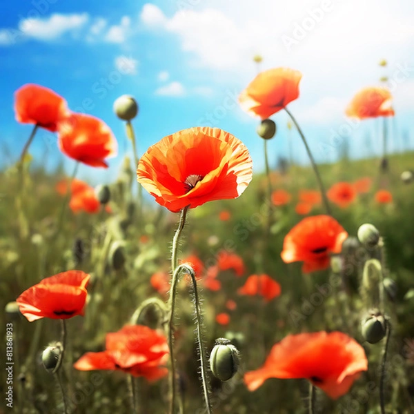 Fototapeta Flower poppy flowering on background blur poppies flowers. Generative AI
