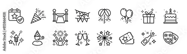 Fototapeta Event thin line icon set. Containing calendar, confetti, decoration, present, fireworks, masks, balloons, cake, ticket, drinks, champagne, celebration, and party. Vector illustration