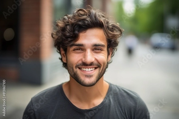 Obraz A man with a beard and a smile is standing on a sidewalk