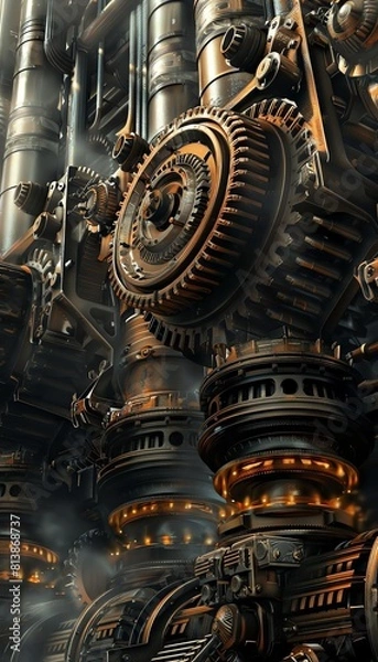 Fototapeta Capture the intricate dance of machinery from a worms-eye view Show the pistons pumping, gears turning, and exhaust billowing in a photorealistic digital illustration