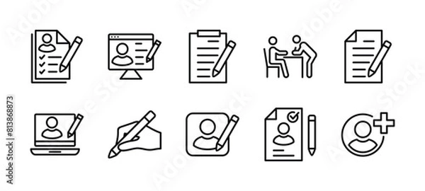 Fototapeta Registration thin line icon set. Containing added identity document data, receptionist, register online, sign up, create or edit or write information or form with pencil on paper. Vector illustration