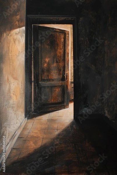 Fototapeta Capture the suspenseful moment of a door creaking open, revealing a mysterious world beyond, shrouded in shadows and dim light, using a mix of chiaroscuro and acrylic textures