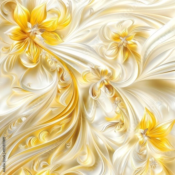 Fototapeta A white background adorned with delicate gold flowers, resembling angelic petals. The intricate design combines metal art with flowering plants, creating a peachy and elegant composition
