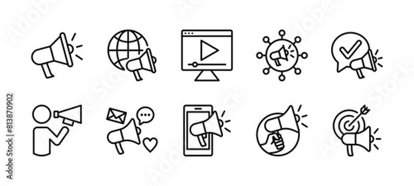 Fototapeta Digital marketing thin line icon set. Containing megaphone, advertising, online video, media social, mobile, goal or target, communication, influence, campaign, public. Vector illustration