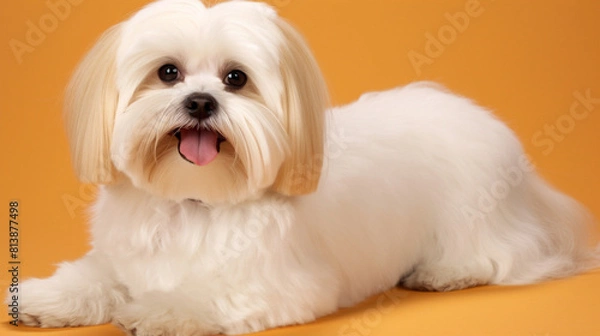 Fototapeta Cute and fluffy white puppy of Maltese breed on orange background
