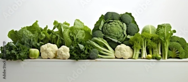 Fototapeta A vibrant assortment of fresh green vegetables neatly arranged in a white tray awaits in a hydroponic farm ready for the health market Perfect for a copy space image