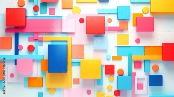 Fototapeta Colorful geometric shapes. Rectangles, circles, and squares in various colors, shapes are arranged in a random pattern and background is white.