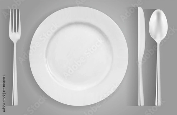 Fototapeta photorealistic vector drawing of cutlery ready to eat, plate, spoon, fork, knife view from above